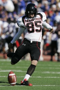 Texas Tech kicker Matt Williams (85) warms up for the second half during an NCAA college football game against Kansas in Lawrence, Kan., Saturday, Oct. 25, 2008. (AP Photo/Orlin Wagner)